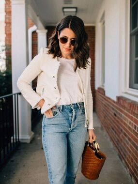One Third Ivory Tweed Frayed Trim Jacket Small